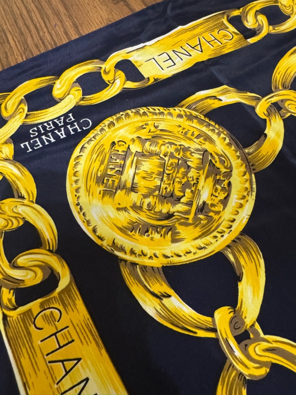Navy & Gold Chain Print Silk Scarf Luxury Style Square Scarf - Picture 6 of 11